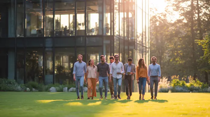 L’équipe Fykto : 10 indépendants experts, photo réaliste en jardin, immeuble vitré moderne en arrière-plan (ambiance start-up).